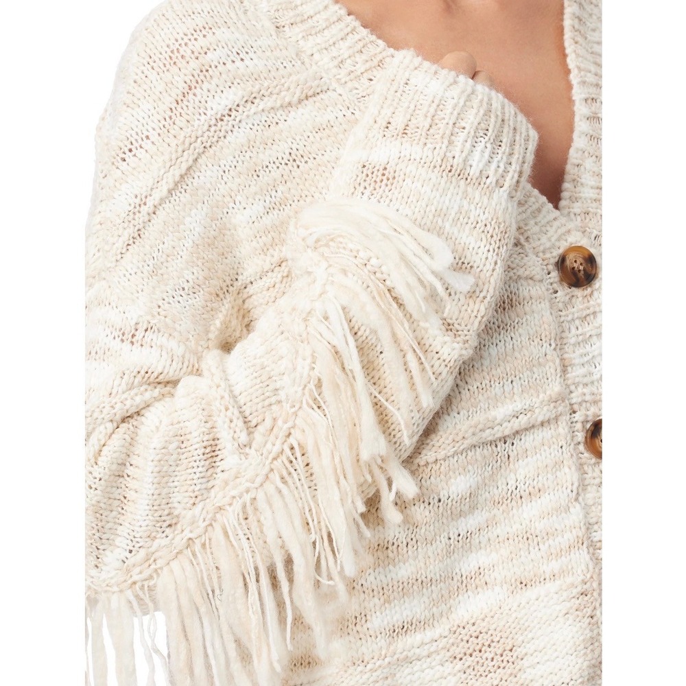 Jessica Simpson Aamina Fringe Cardigan Oatmeal Knit V-Neck Button Front Size L - Picture 4 of 7